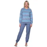 Normann Pyjama Damen Frottee Schlafanzug mit Bündchen in elegantem Streifendesign blau 56-58