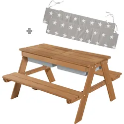 Kindersitzgruppe ROBA "Picknick for 4 Outdoor + mit Spielwannen, Teakholz", braun (teakholz), Sitzmöbel-Sets, Kinder, B/H/T: 89cm x 50cm x 85,5cm, Kindersitzgarniturmit Spielwannen und 2 Sitzauflagen, Massivholz, mit abgerundeten Ecken; inklusive Sitzauflagen »Little Stars«, B:89cm H:50cm T:85,5cm