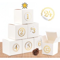 24 weiße Adventskalender Pappschachteln mit 24 weihnachtlichen Zahlenaufklebern als Weihnachts-Geschenktüte zum Basteln und Befüllen