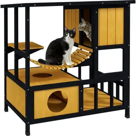 PawHut Katzenhaus aus Holz mit Hängebrücke für 1-2 Katzen bis 5 kg Gelb 84,5 x 60 x 88 cm