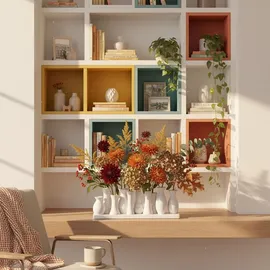 H&D Manufaktur Jinfa Vasen Set Weiß - 10 kleine Blumenvasen auf Tablett - Minivasen Keramik für Tischdeko - Moderne Miniatur Keramikvasen für einzelne Blumen m... - Weiß