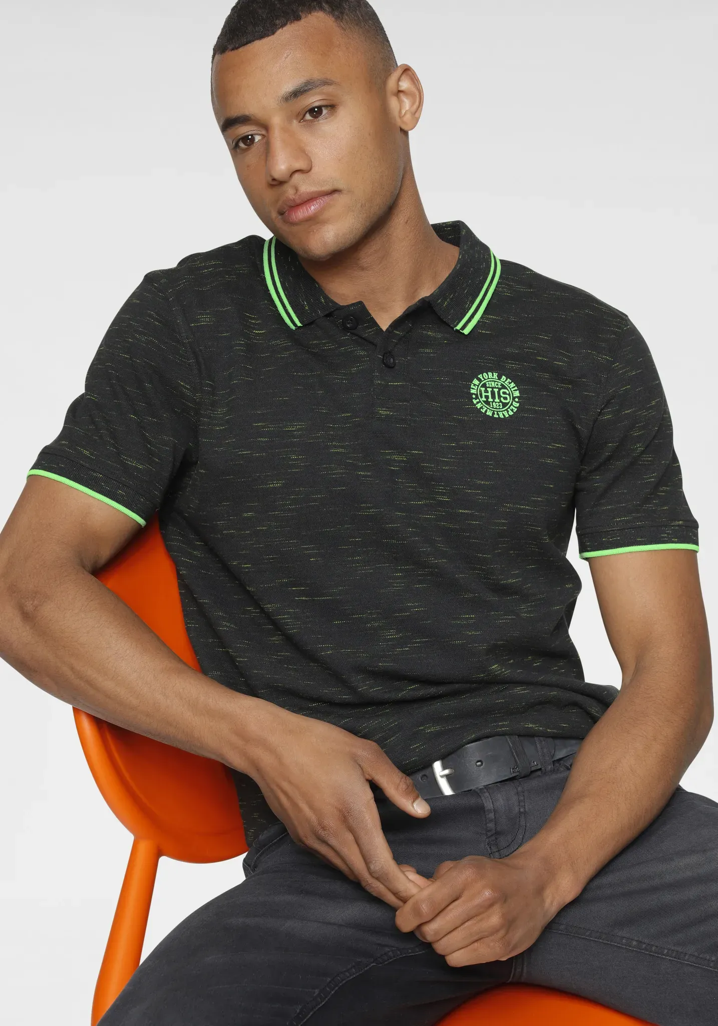 Poloshirt H.I.S, Herren, Gr. 3XL (64/66), blau (marine meliert), Piqué, Obermaterial: 93% Baumwolle, 5% Elasthan, 2% Polyester, meliert, schmal, Rundhals, Shirts, kurzärmelig, schmal geschnitten, mit Polokragen
