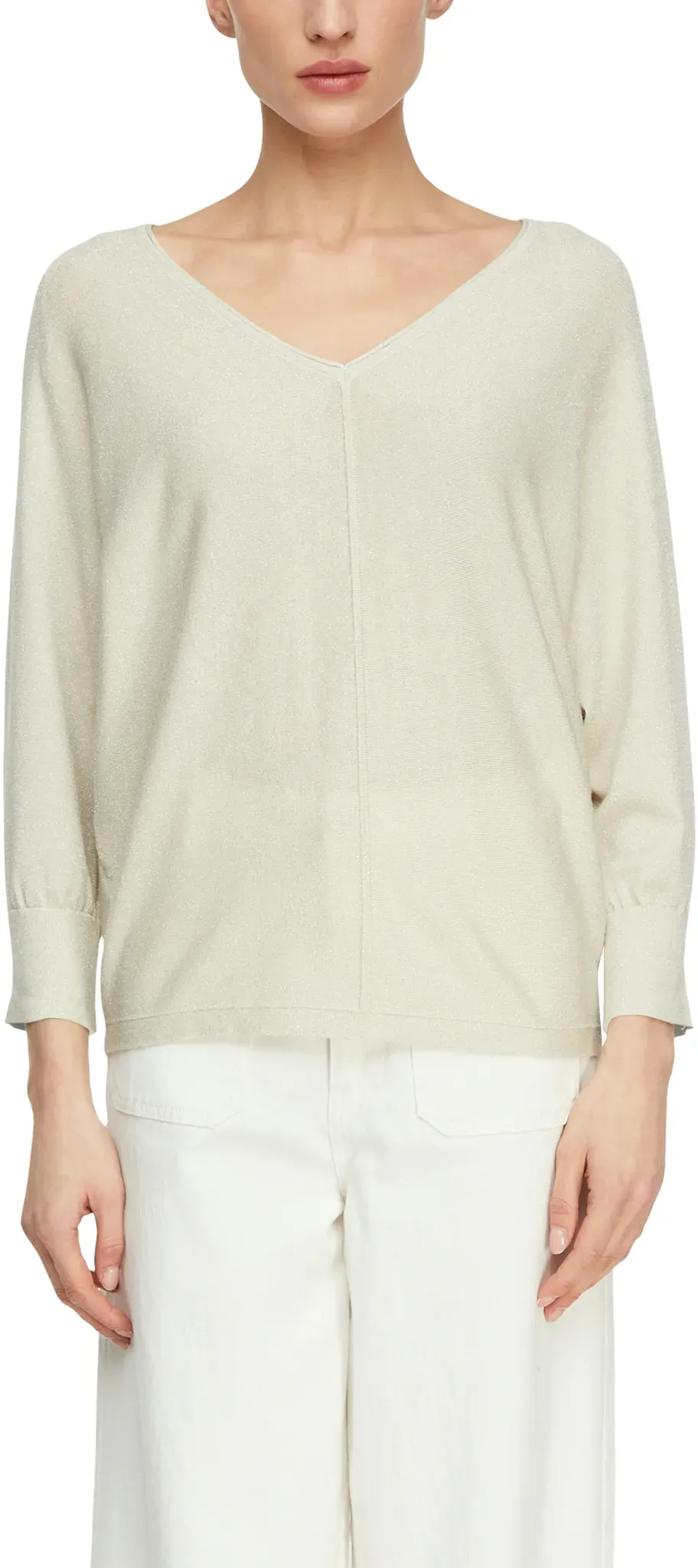 3/4 Arm-Pullover COMMA, Damen, Gr. M (38), eggnog, Strick, Obermaterial: 65% Viskose, 35% Polyester, unifarben, lässig geschnitten hüftbedeckend, V-Ausschnitt, Flachstrickbündchen, Pullover, mit V-Ausschnitt und aus Viskose