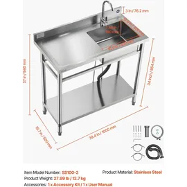 Vevor Spültisch Spülbecken Edelstahl (100 x 50 x 94 cm), Einzelbecken mit Wasserhahn & Ablage, Küchenspüle für Garage Restaurant Wäscherei, Waschtisch Außenspüle mit Arbeitsplatte (links)