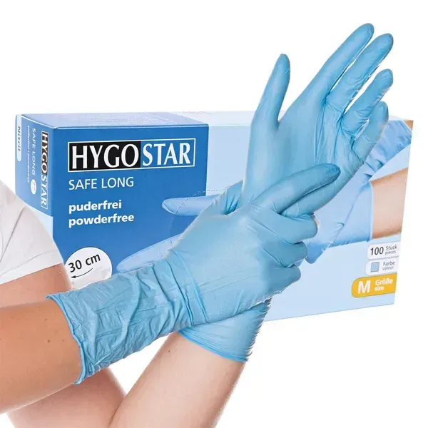 Nitrilhandschuhe 30 cm lang, Hygostar Safe Long blau M virendicht, puderfrei, unsteril, latexfrei, 100 Stück/Box