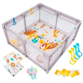 akeraq Laufgitter Baby 127x127cm, Laufstall Baby mit matratze, Atmungsaktives Netz, Rassel, Spielbälle und Zugringe, Tragbar