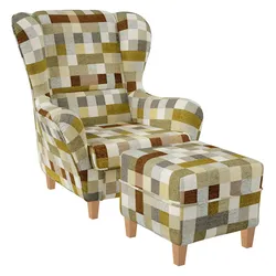 Supellex Sofia Ohrensessel mit Hocker | Design kariert Beige-Ocker