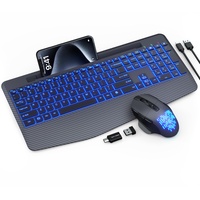 Kabellose Tastatur und Maus mit 7 farbigen Hintergrundbeleuchtungen, Handgelenkauflage, wiederaufladbare, ergonomische Tastatur mit Handyhalterung, leise beleuchtet, volle Größe, Combo für Fenster,