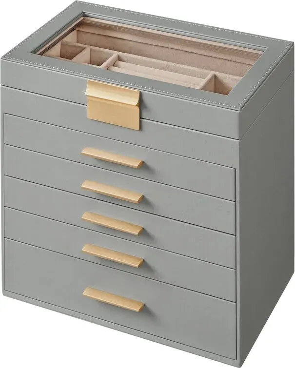 Ochama Schmuckkasten mit 6 Ebenen, Schmuckbox mit 5 Schubladen, Deckel aus Glas, für große Schmuckstücke, grau