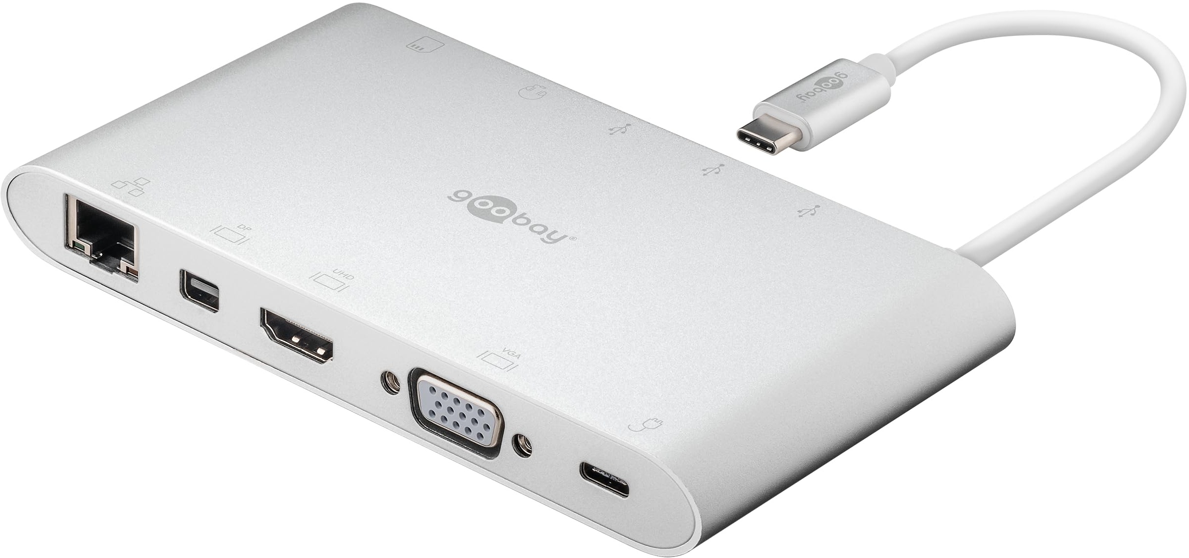 Goobay 62113 USB C Hub Multiport Verteiler 11 Ports HDMI / VGA / Mini DP / USB C PD / 3x USB 3.0 / RJ45 / 3,5 mm Audio / SD & microSD Kartenleser / Aluminium