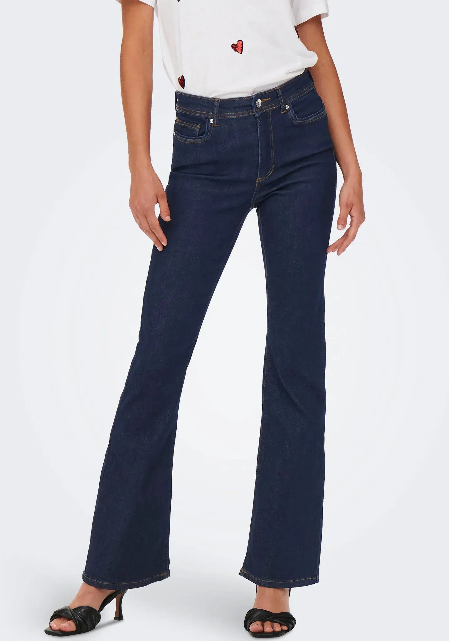 Bootcut-Jeans ONLY "ONLWAUW LIFE HW FLARED RINSE DNM" Gr. M (38), Länge 32, blau (dark blue denim) Damen Jeans Röhrenjeans mit Stretch