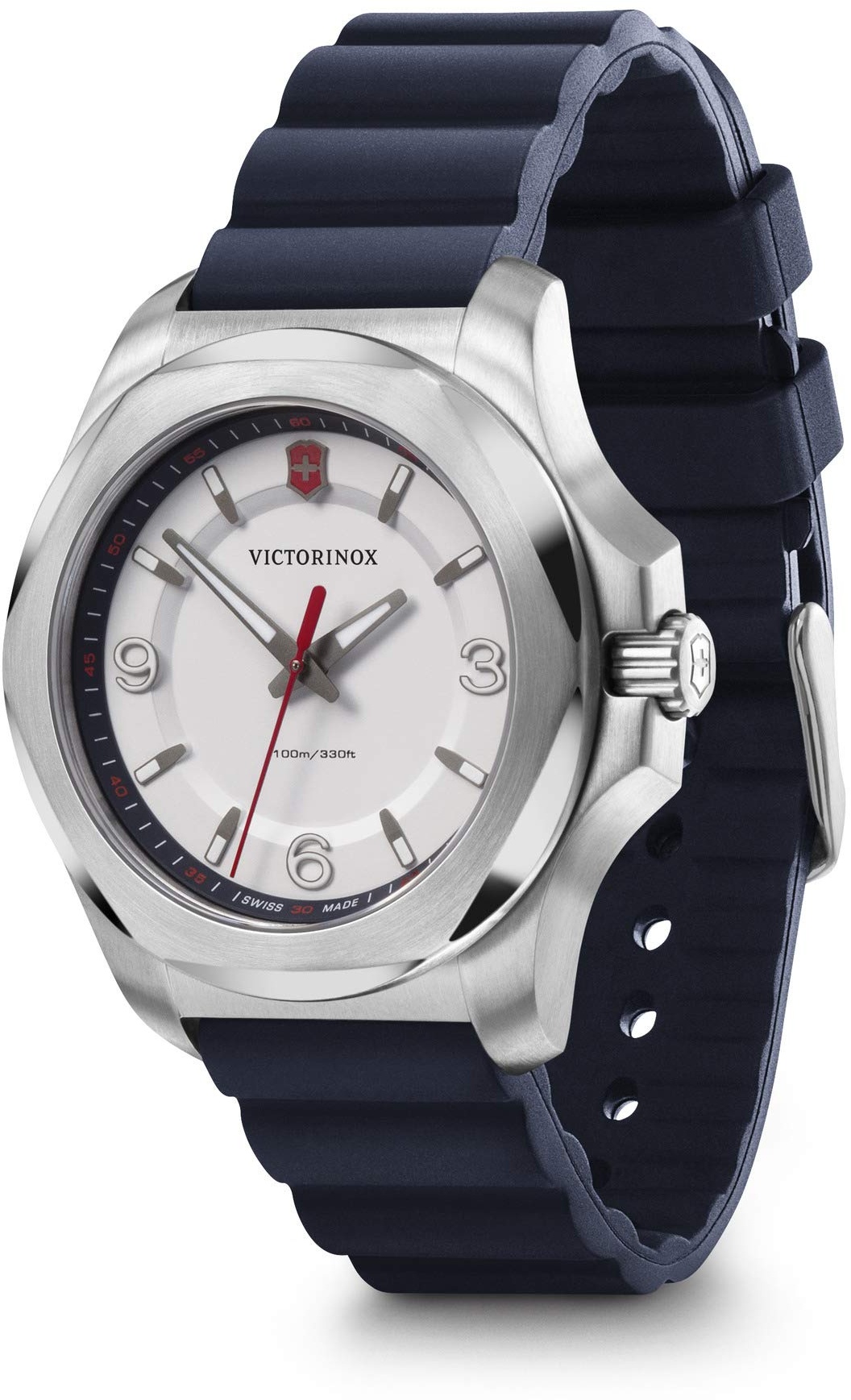 Victorinox Damen-Uhr I.N.O.X. V, Damen-Armbanduhr, analog, Quarz, Wasserdicht bis 100 m, Gehäuse-Ø 37 mm, Armband 18 mm, 68 g, Weiß/Blau