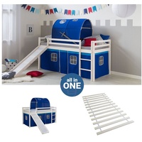 Homestyle4u Hochbett Kinderbett Matratze Rutsche Turm Blau Tunnel weiß