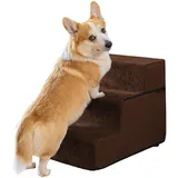 Hundetreppe für kleine Hunde - 3 Stufen Hunde Treppe 43cm hoch - Schaumstoff Hundetreppe Sofa - Sicher und stabil - Abnehmbarer waschbarer Bezug - Anti-Rutsch-Boden - Haustiertreppe Hund Braun