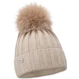 ELIMELI Kaschmir Mütze Damen Winter warme Strickmütze Wollmütze mit Kaschmir Wintermütze mit Kunstfell Bommel Slouch Strick Beanie Damen für Winter Bommelmütze Hergestellt in EU (Beige) - Einheitsgröße