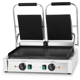 Vertes Kontaktgrill doppelt, Gusseisen Grillplatte oben gerillt/unten flach, 3600 W Gastro Multigrill für Fladenbrot, Fleisch, Gemüse, Sandwich, Edelstahlgehäuse, regelbar 0-300°C, teflonbeschichtet