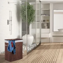 Relaxdays Wäschekorb Bambus mit Deckel, rechteckiger Wäschesammler, 2 Fächer, 95 l Volumen, faltbare Wäschebox, natur
