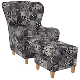 Supellex Ohrensessel Flora 72 x 95 x 73 cm Schwarz/Beige mit Hocker