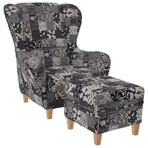 Supellex Ohrensessel Flora 72 x 95 x 73 cm Schwarz/Beige mit Hocker