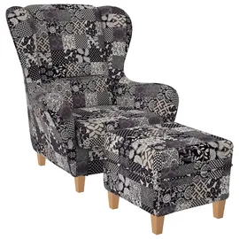 Supellex Ohrensessel Flora 72 x 95 x 73 cm Schwarz/Beige mit Hocker