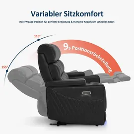 MCombo M MCombo 2 Sitzer Sofa mit Schlaffunktion, mit verstellbare Kopfstütze, Kinosessel, Armlehnen-Aufbewahrung & LED Beleuchtung, 7705 (Schwarz)