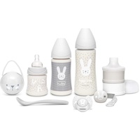 SUAVINEX Premium-Set für das Neugeborene Babyflasche 150 ml + 270 ml + 360 ml + Milchdosierer + Schnuller physiologischer Silikon-Sauger für Babys -2-4 Monate + Schnullerkette + Löffel, Farbe grau