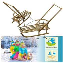 BambiniWelt by Rafael K. Davoser Schlitten Holzschlitten mit Rückenlehne + Schiebestange Kinder Schlitten 90cm braun