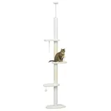Katzen Kratzbaum - Deckenhoch 225–255 cm - 4 Ebenen - Holz mit Plüsch - Spielbälle - Weiß
