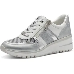 Keilsneaker MARCO TOZZI, Damen, Gr. 42, weiß (weiß kombiniert), Textil, Lederimitat, schimmernd, sportlich, Schuhe, Freizeitschuh, Halbschuh, Schnürschuh mit Außenreißverschluss