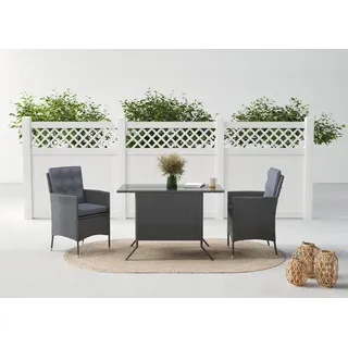 Konifera Garten-Essgruppe »Korfu« Set, 2x Sessel, 1x Tisch 112x65x73,5 cm, inkl. Auflagen, inkl. Schutzhülle, 5 Stk. tlg. Polyrattan/Stahl, Dunkelgrau, dunkelgrau +, , 60065657-0