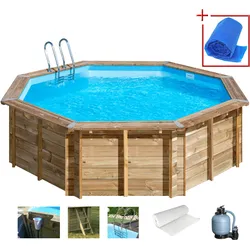 Achteckpool GRE "VIOLETTE 2 mit Edelstahlleiter", braun, H:127cm Ø:500cm, Schwimmbecken, Kiefernholz, ØxH: 500x127 cm