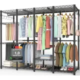 AQRA Offener Kleiderschrank System,Kleiderständer mit 9 Höhenverstellbarem Regalböden und 5 Kleiderstange, Hosenständer, 4 Schichten mit Großem Fassungsvermögen, Schwarz 193.5CM×43.5CM ×195CM