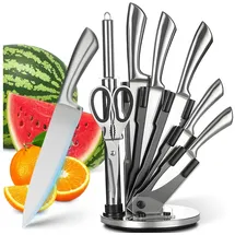 Retoo Messerblock, 9-teiliges Küchenmesser Set Brotmesser Chefmesser Gemüsemesser 5 Messer 1 Gemüseschere 1 Schaber 1 Messerschärfer 1 Messerständer Schneidemesser Brotmesser Messerscheide Silber