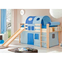 Hochbett TICAA "Manuel", blau (kiefer massiv natur, hellblau, dunkelblau), B:217cm H:114cm L:205cm, Hochbetten, Rollrost und Textil-Set wahlweise mit Matratze, Kiefer massiv natur