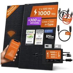 Solarway® Balkonkraftwerk 1000W komplett Steckdose - neuester 1000 Watt Wechselrichter - Solaranlage Komplettset - 500W bifaziale Solarmodule & Envertech & Zubehör