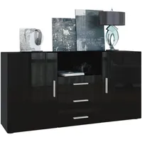 Vladon Sideboard, Schwarz Hochglanz, 138.5x71.5x35 cm, Wohnzimmer, Kommoden &