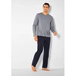Pyjama S.OLIVER, Herren, Gr. 44/46, blau (blau, meliert, navy), Jersey, Obermaterial: 95% Baumwolle, 5% Elasthan, meliert, Basic, bequem lang, Rundhals, Langarm abgesteppte Kante, Homewear-Sets, Melange Oberteil mit Knopfleiste
