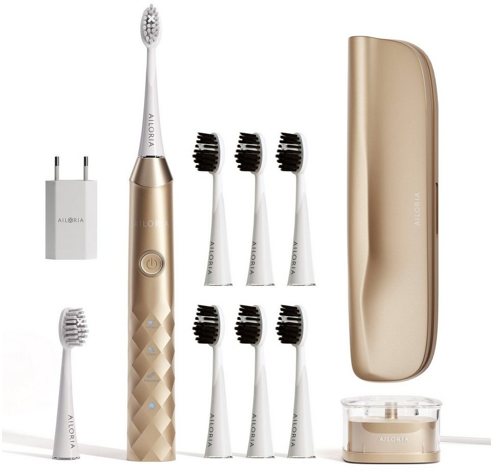 Produktbild AILORIA Schallzahnbürste SHINE BRIGHT SET USB-Schallzahnbürste Limited, Aufsteckbürsten: 8 St., Dynamische Reinigungswirkung goldfarben