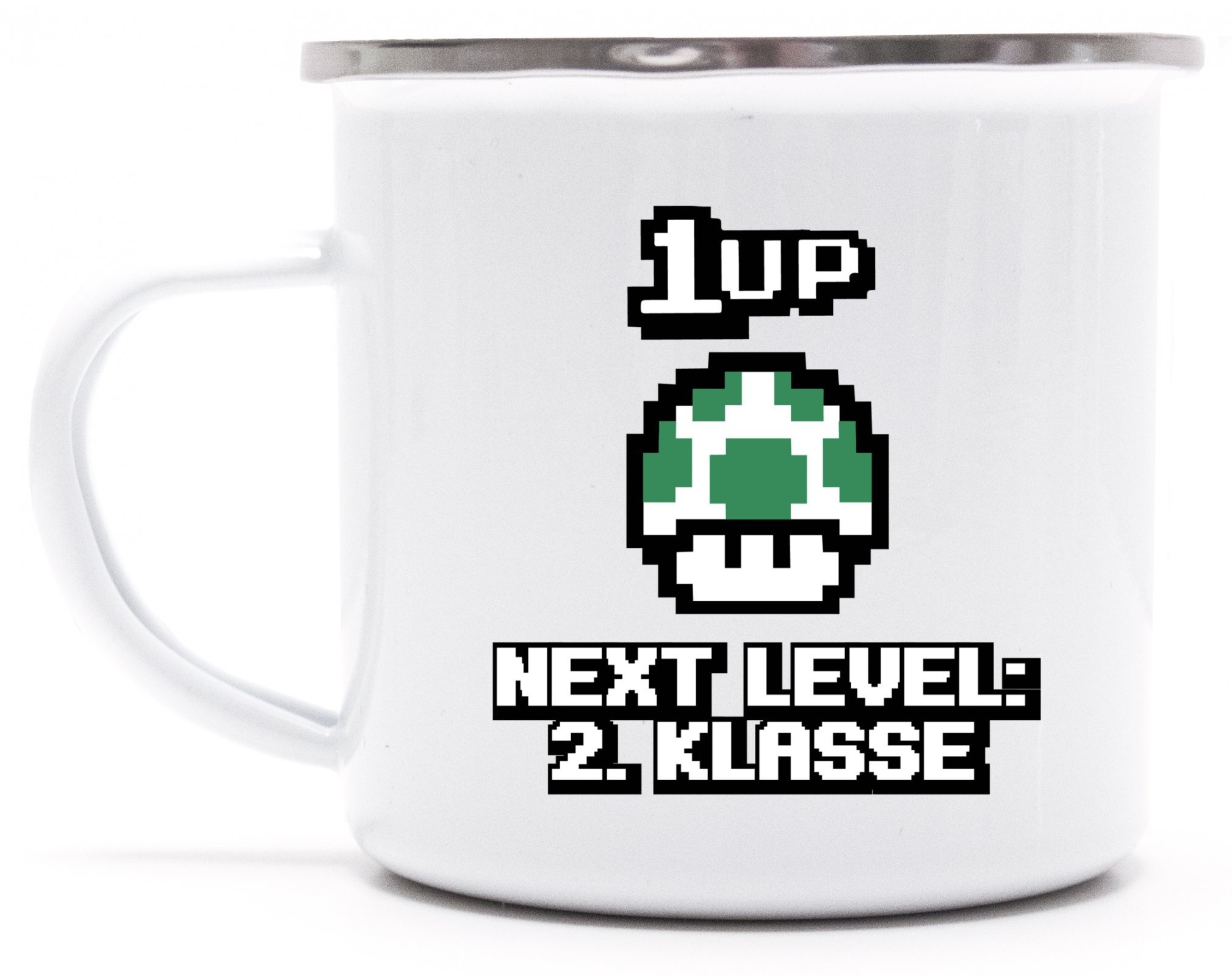 Videospiel Gamer Schulstart Schulkind bedruckte Metalltasse Emaille Camping Tasse mit Spruch Motiv Retro Gamer 1 Up Pilz - Next Level 2. Klasse, Größe: onesize,weiß/silber