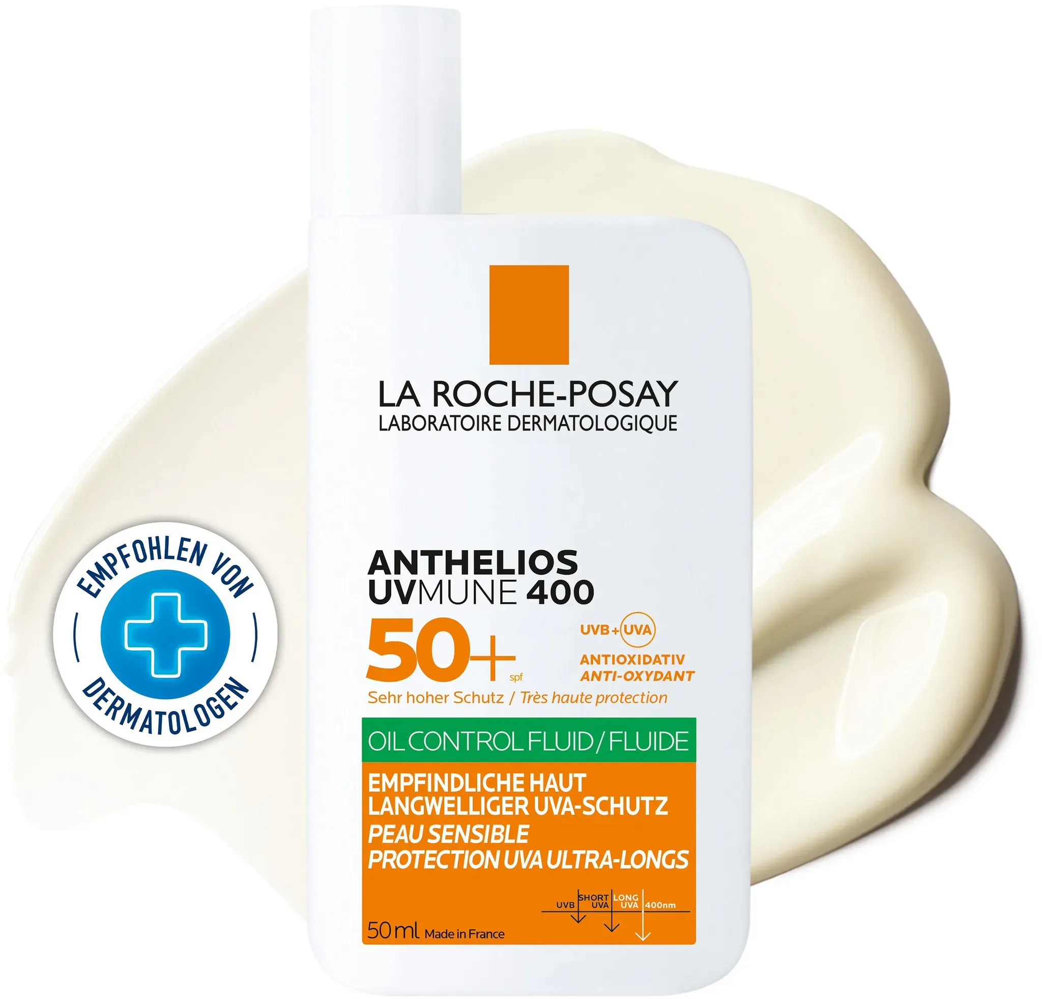 La Roche Posay Anthelios Uvmune 400 Oil Control Fluid Sonnenschutz für empfindliche Haut mit sehr hohem UV-Schutz LSF 50+. Für ölige Haut geeignet