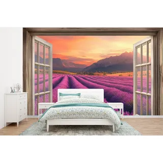 MuchoWow Fototapete Durchsichtig - Lavendel - Landschaft - Blumen - Lila, Matt, bedruckt, Wallpaper für Wohnzimmer, Schlafzimmer, Vinyl Tapete, 295x220 cm lila 2.95 m x 2 m