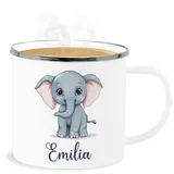 Emaille Becher Blechbecher - Elefant Dickhäuter Rüsseltier mit Namen - Tiermotiv Zootier - 300 ml - Weiß Silber - elephant und name elefanten tasse elefantenmotiv geschenke