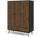 VCM Rye Kleiderschrank 3 Türen, 3 Schubladen mattschwarz, Walnuss Dekor.
