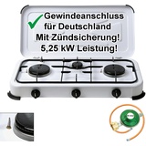 Camping-Gas-Kocher Mobi 3-flammig, weiss  mit Zündsicherung, Gasschlauch und Gas...