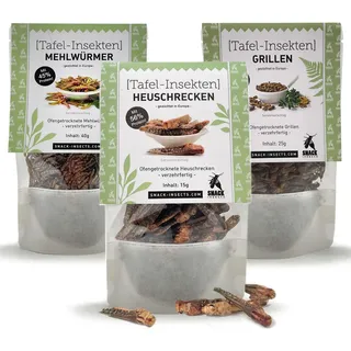 SNACK-INSECTS Speiseinsekten Snack – essbare Insekten zum Probieren – geröstete Grillen, Heuschrecken & Mehlwürmer – proteinreicher Insekten Snack – EU-Zucht
