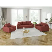 S-Style Möbel Polstergarnitur 3+2+1 Zara mit Braun Holzfüßen im skandinavischen Stil aus Cord-Stoff, (1x 3-Sitzer-Sofa, 1x 2-Sitzer-Sofa, 1x Sessel) rot