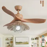 107cm Holz Deckenventilator mit Beleuchtung und Fernbedienung Leise Deckenlampe mit Ventilator Rattan Bauernhaus Deckenventilator Licht E27 Retro Fan Kronleuchter für Schlafzimmer Wohnzimmer Loft