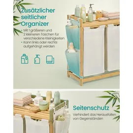 Songmics Wäschekorb 2 Fächer, Bambus, Wäschesammler 100 L, mit Ablage - Weiß