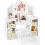 Costway Kinder Schminktisch & Stuhl Set, 2-in-1 Prinzessin Spiel Schminktisch Set mit 3 Abnehmbaren Spiegeln, Weiß - Weiß