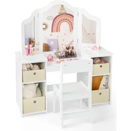 Costway Kinder Schminktisch & Stuhl Set, 2-in-1 Prinzessin Spiel Schminktisch Set mit 3 Abnehmbaren Spiegeln, Weiß - Weiß